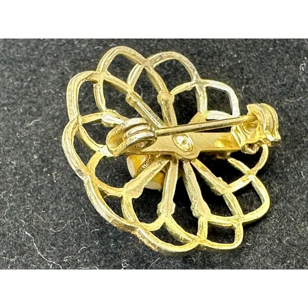 Gold-Tone Floral Pin With Single Pearl Center Vintage Openwork Design Estate